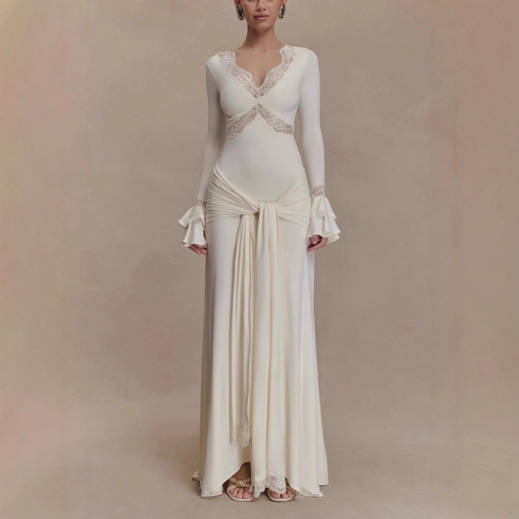 Elegant Long Sleeve Maxi Dress For Women Lace Patchwork V Neck Backless Draped Ruched Club Party Dress white l