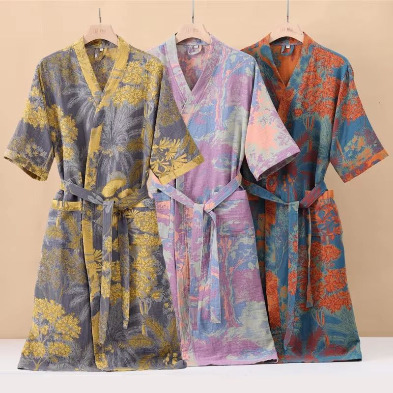 Women's Cotton Printed Kimono Bathrobe Quick Dry Homewear For Spring Summer charcoal Yellow l