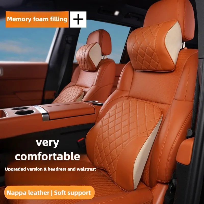 Nappa Leather Car Neck Cushion Waist Support Pillow Memory Foam Car Headrest Lumbar Support Seat Accessories Car Neck Pillow Set