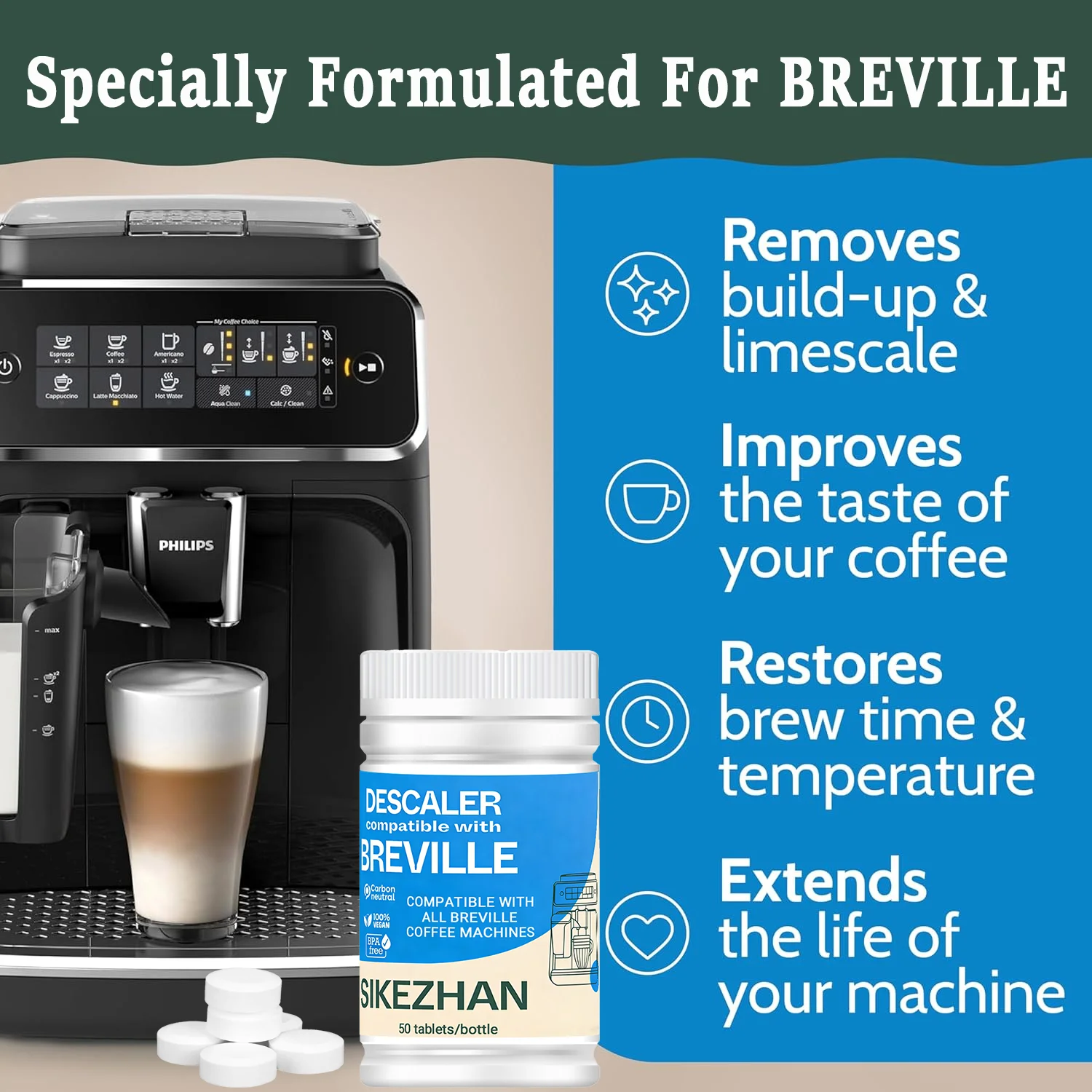 50er-Pack Kaffeemaschinen-Reinigungstabletten, kompatibel mit Breville Espressomaschinen, Präzisionsreinigung, passend für Barista Express, Touch Image