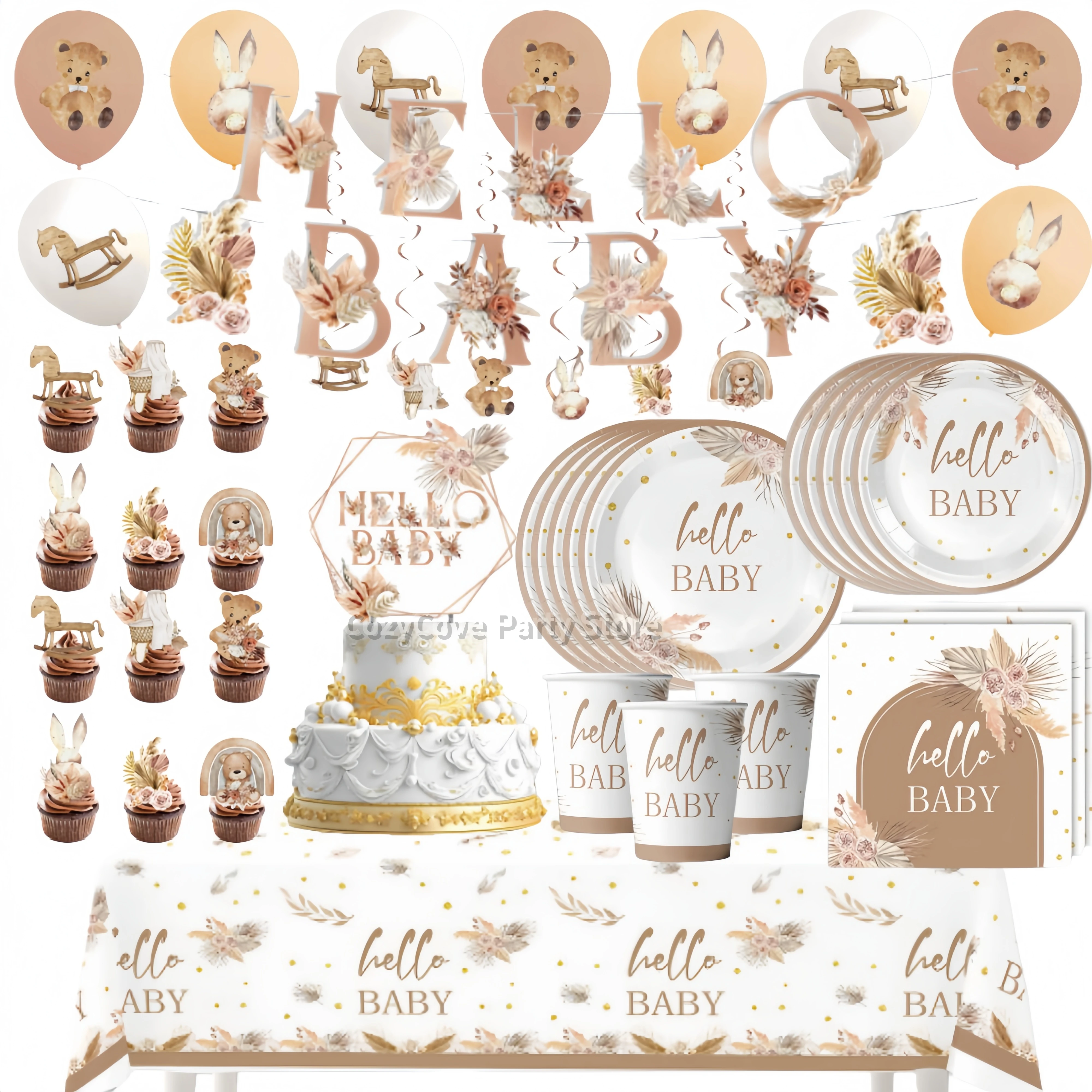 Geschlechtsenthüllungs-Party-Dekoration: Hello Baby Tischgeschirr, Pappteller, Becher, Servietten, Ballons für Kinder-Fotobox-Zubehör, Babyparty Image