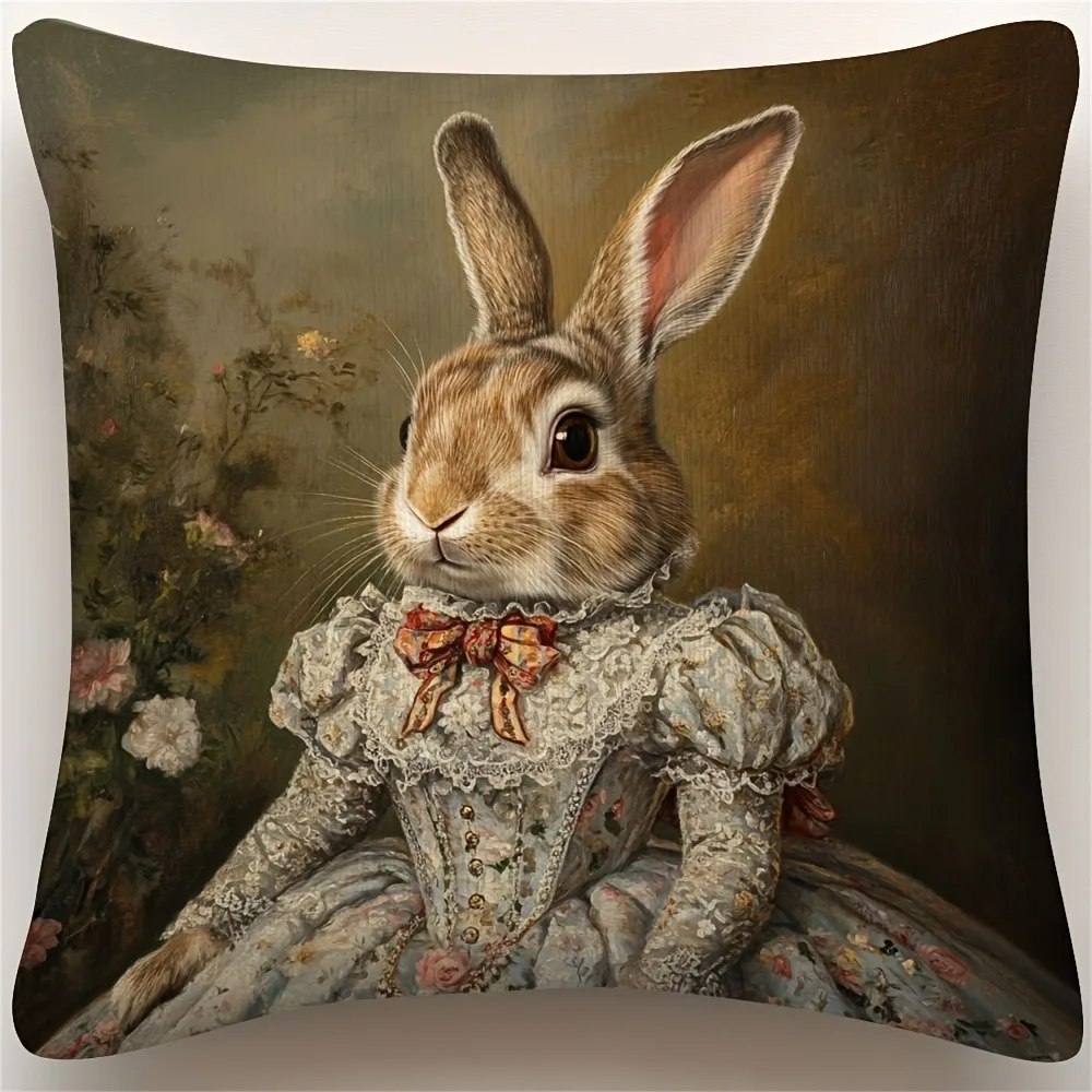 Victorian Bunny Portrait 2DPrint Kissenbezug, doppelseitig, langlebig, Kissenbezug für Zuhause, Wohnzimmer, Schlafzimmer, Sofa, Vintage-Atmosphäre, Dekoration Image