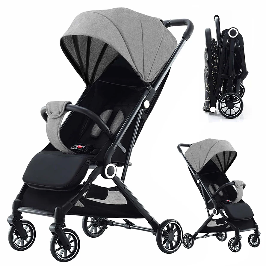 Baby-Kinderwagen, bidirektional, ultraleicht, faltbar, mit hoher Liegeposition, vier Rädern und Stoßdämpfern Image