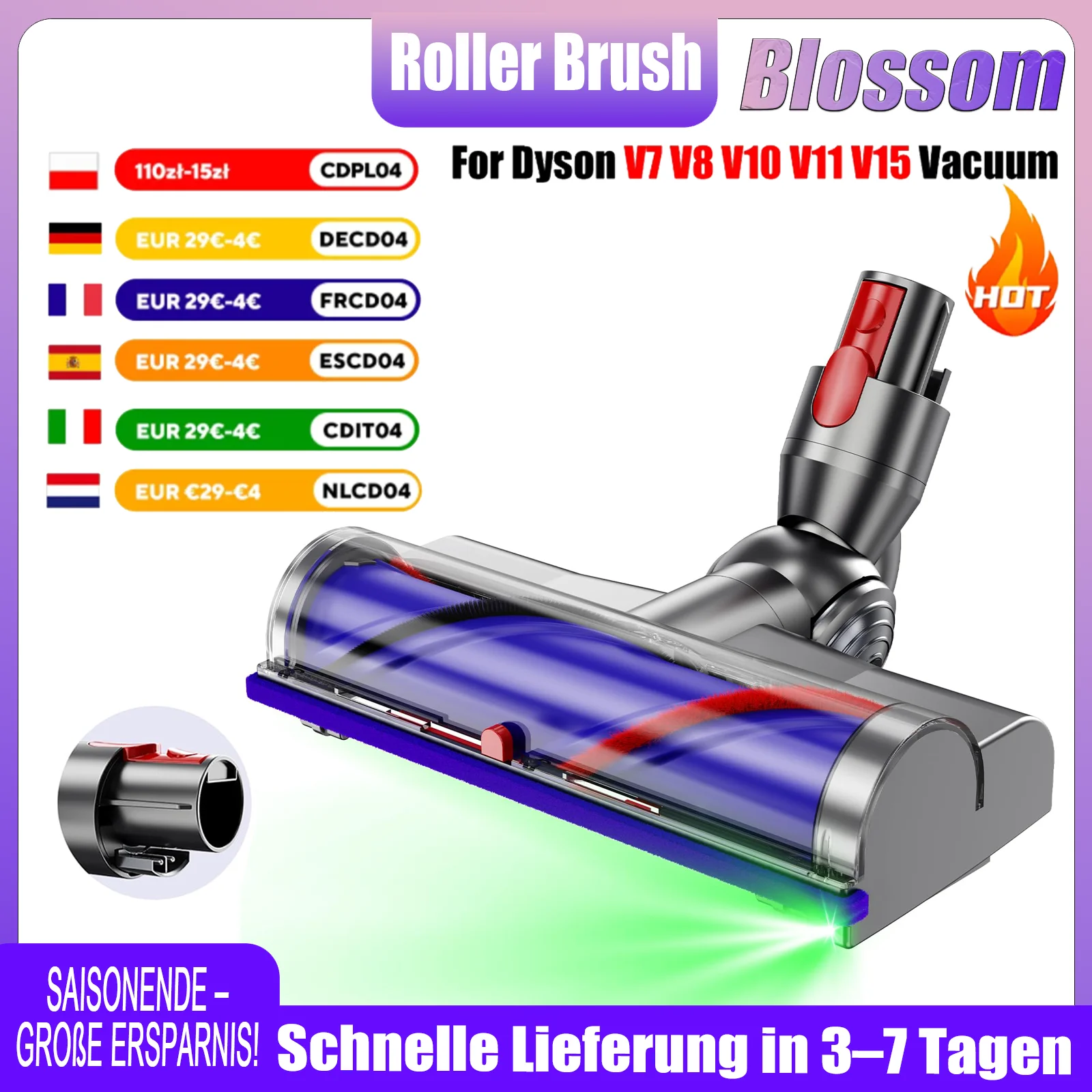 Rollbürstenkopf-Ersatz für Dyson V7 V8 V10 V11 V15 - LED-Leuchtkopf, Ersatzbürste für kabellose Staubsauger Image