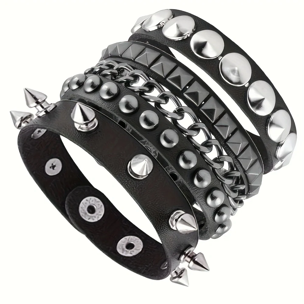 Vintage Lederarmbänder Punk Row Cuspidal Spikes Nieten Ohrstecker Breite Manschette PU Leder Punk Gothic Rock Unisex Goth Accessoires