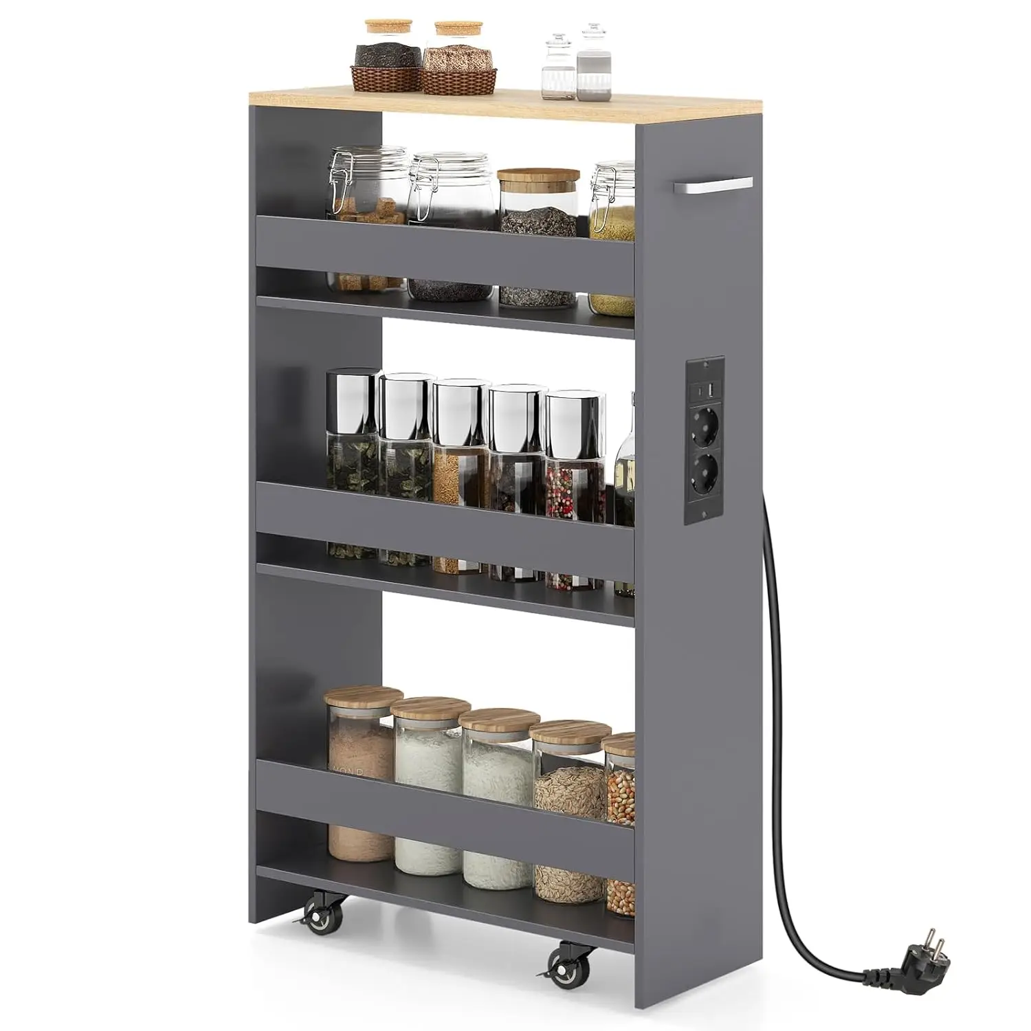 Nischenwagen 20 cm breit, 4-stufiger Küchenwagen schmal mit Ladestation, Nischenregal auf Rädern, Servieren, individuell gestaltet