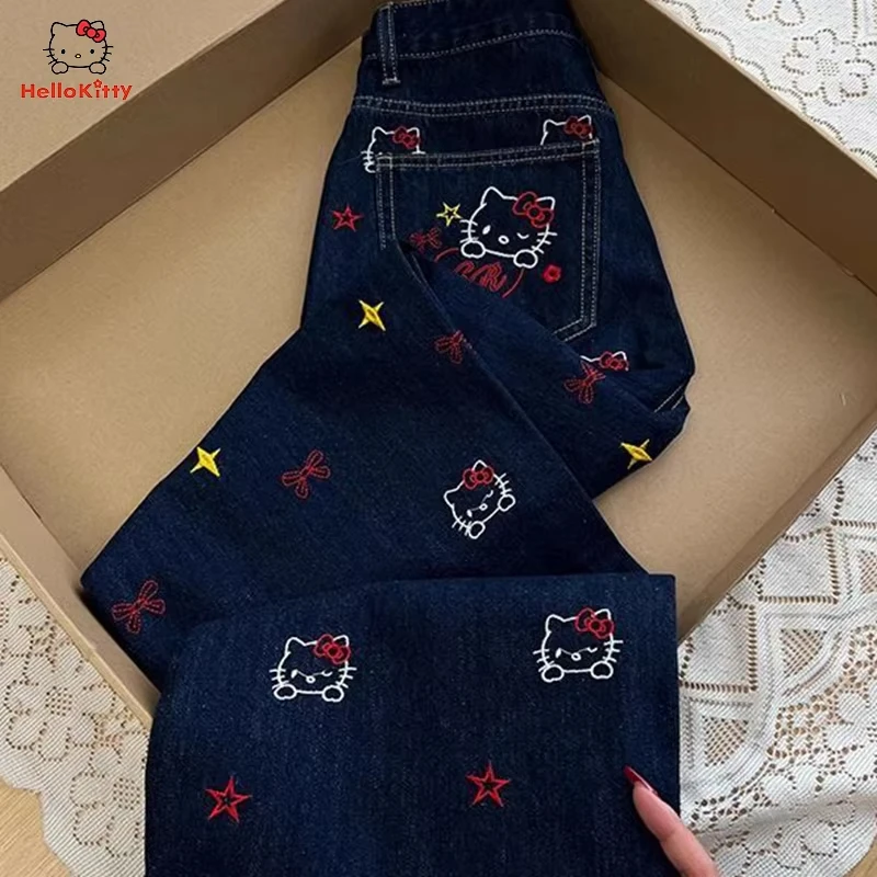 Sanrio Hello Kitty Mädchen-Jeans, Y2K, lockere Hose mit weitem Bein, Frühling und Herbst, im Freien, neuer Stil, modische Studenten-Freizeithose mit hoher Taille Image
