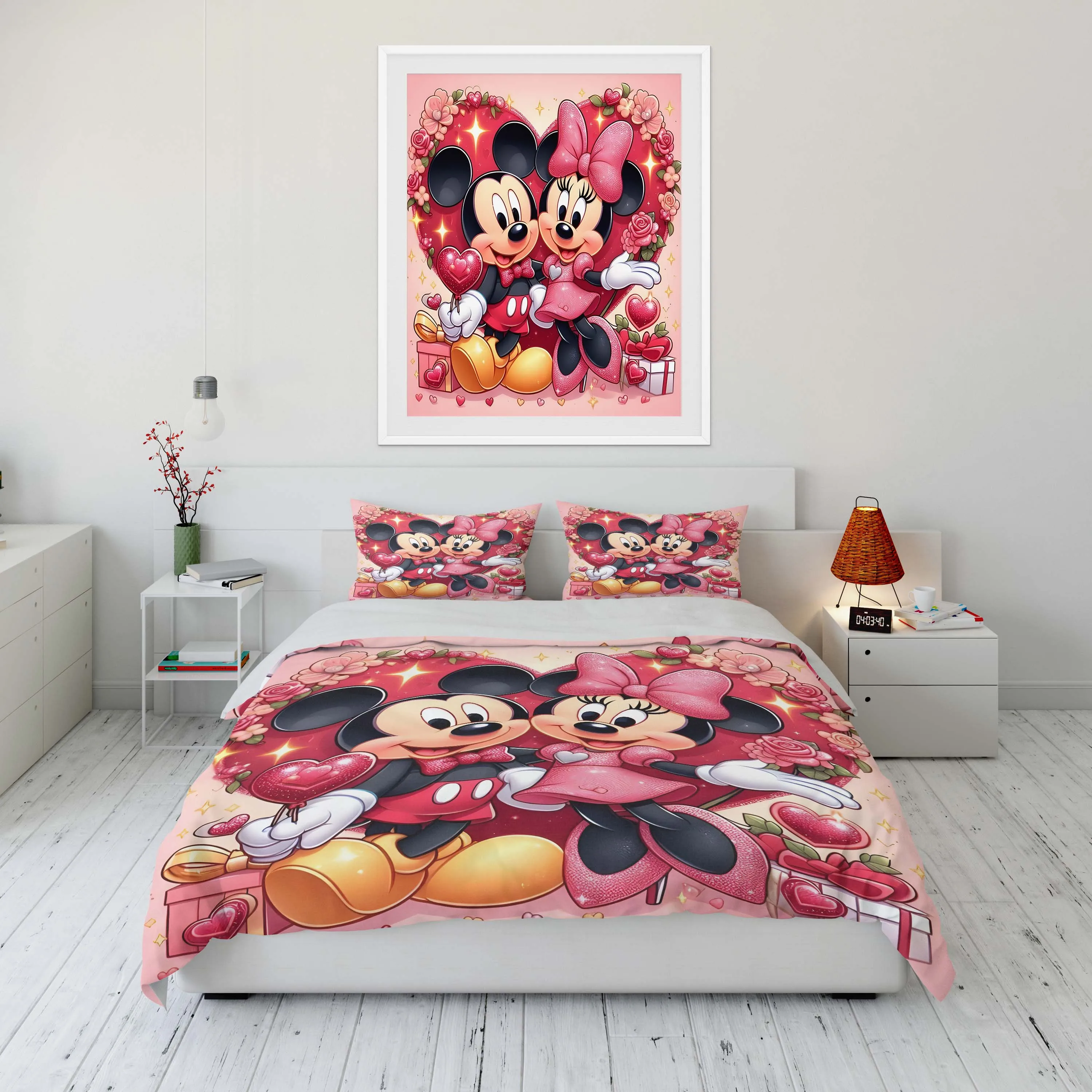 Ensemble de literie imprimé Mickey et Minnie Mouse, ensemble de literie en microfibre de dessin animé, taie d