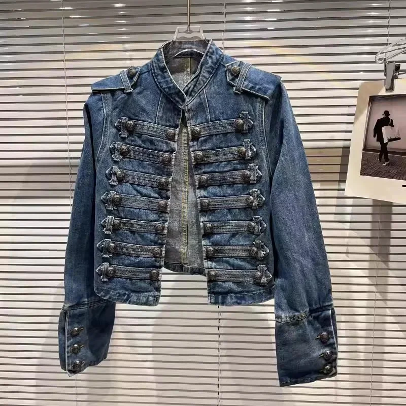 Frühling Herbst Vintage Blaue Schlanke Kurze Jeansjacke Damen Stehkragen Mehrreihiges Design Langarm Denim-Jacke Streetwear Image