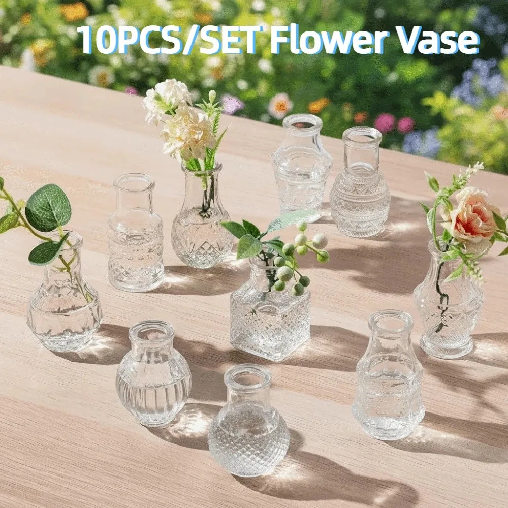 10-teiliges Set Retro Relief Mini Glasvasen Kristallklar Europäischer Stil Kleine Vasen Set Dekorative Elegante Blumenhalter Image
