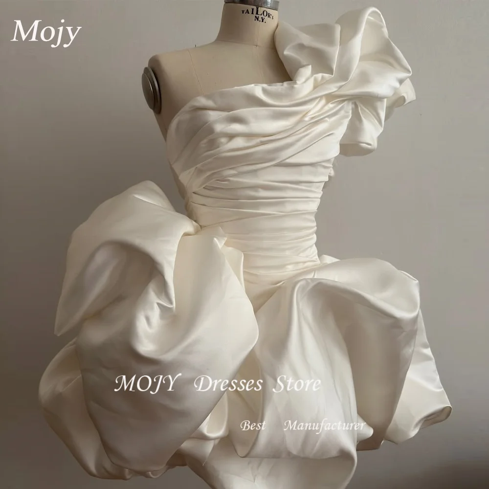 Mojy Elfenbein Rüschen Hochzeit Party Kleider Kurzes Abendkleid Eine Schulter Gerafftes Taft Kurzes Brautkleid 2025, formelles Partykleid Image