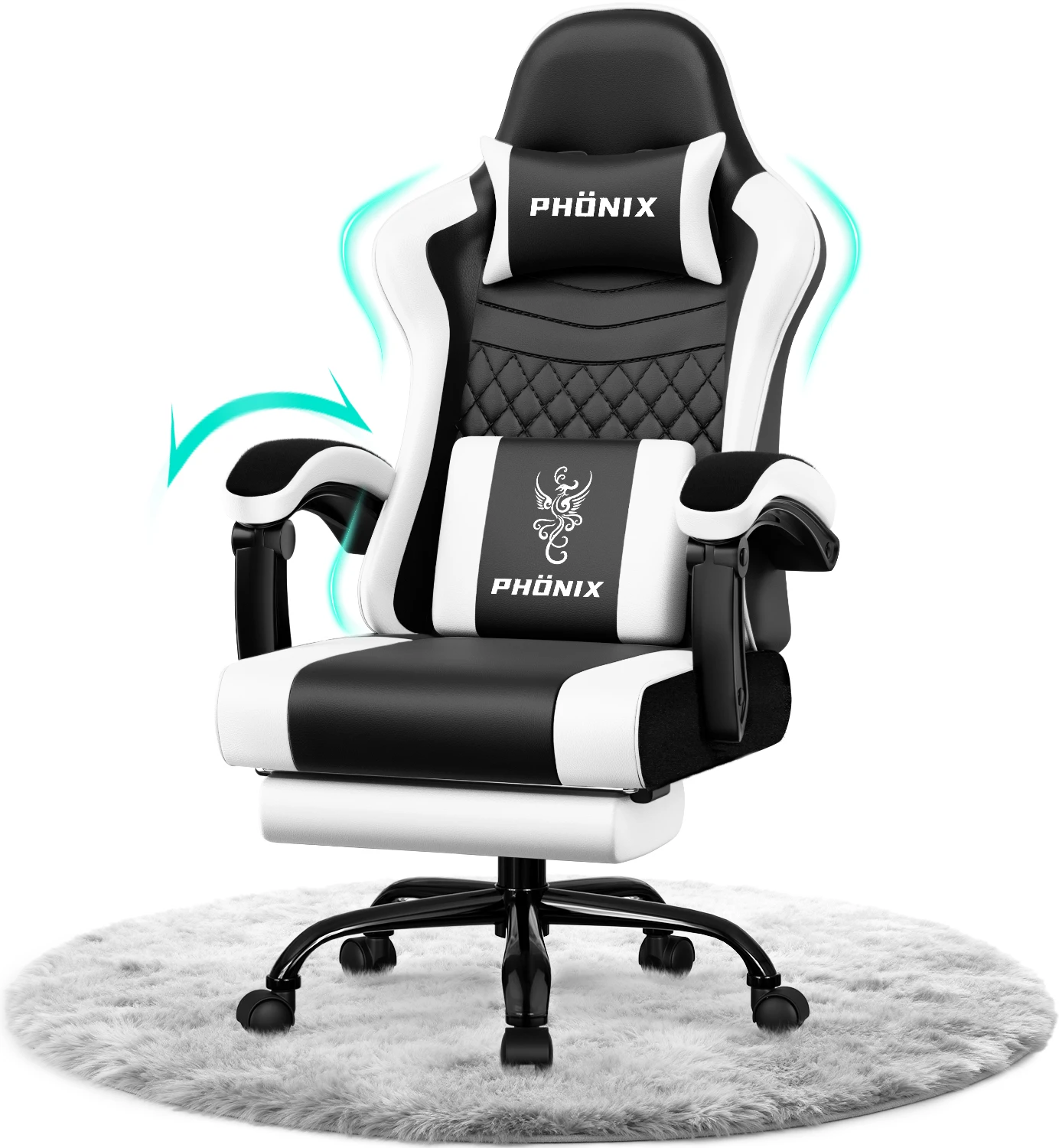 Gaming-Stuhl ergonomisch Gaming Chair Bürostuhl,mit Fußstütze, 155° verstellbarer Rückenlehne, ausziehbare Fußstütze,360° Drehfuß, verstärkte Sitzpolsterung,Weiß Image