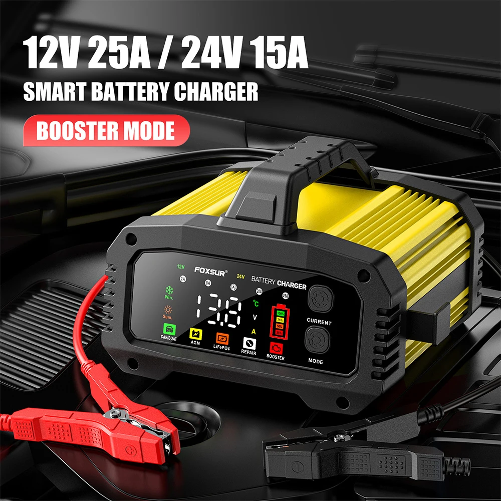 25A/15A Auto- und Motorrad-Batterieladegerät 12V/24V Intelligentes Ladegerät für Lithium AGM GEL Blei-Säure LiFePO4 Batterien Image