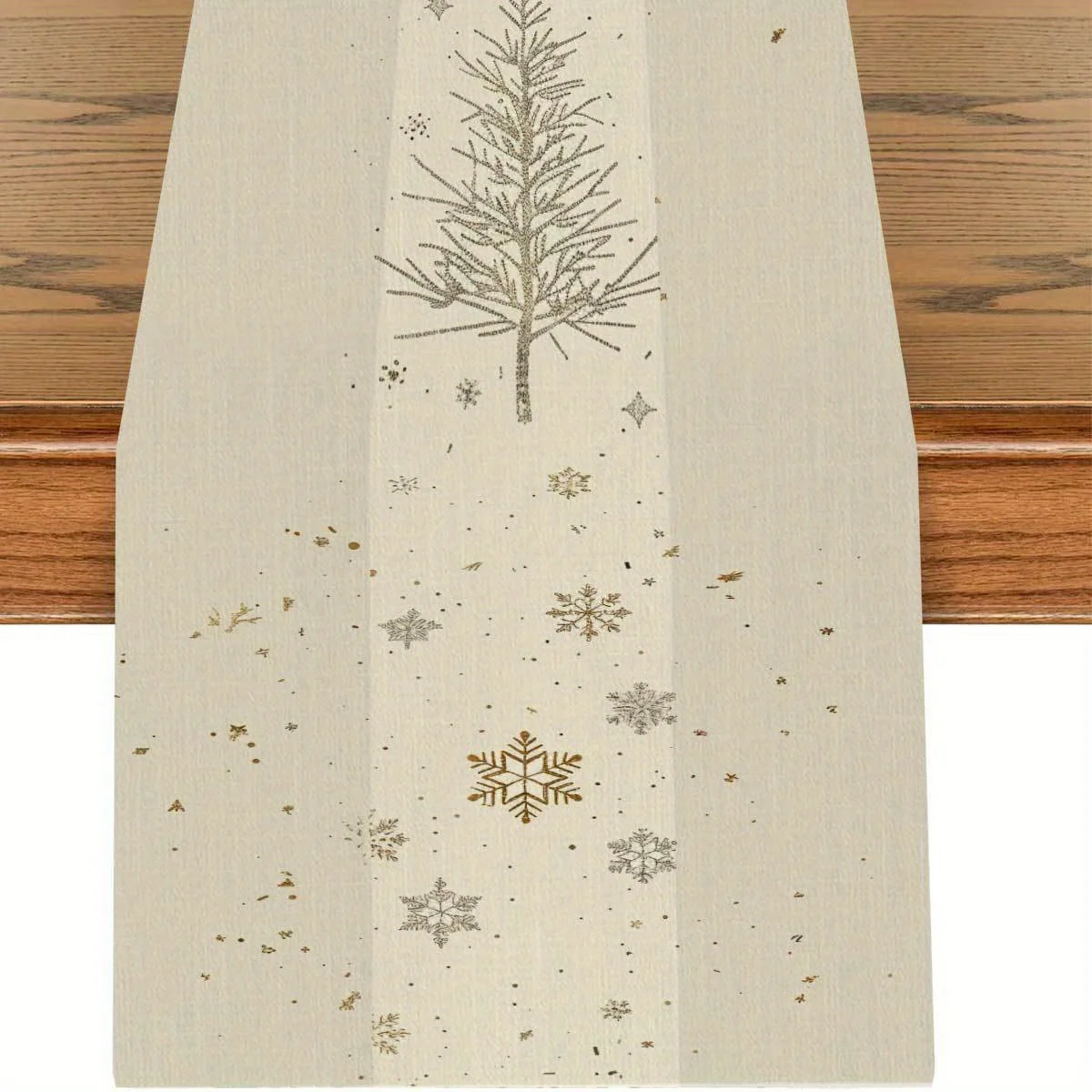 Weihnachts-Silberbaum-Schneeflocken-Tischläufer, 2D-gedrucktes Beige für Feiertage, Esstisch-Dekoration, die elegant und festlich zu Weihnachten hinzufügen Image