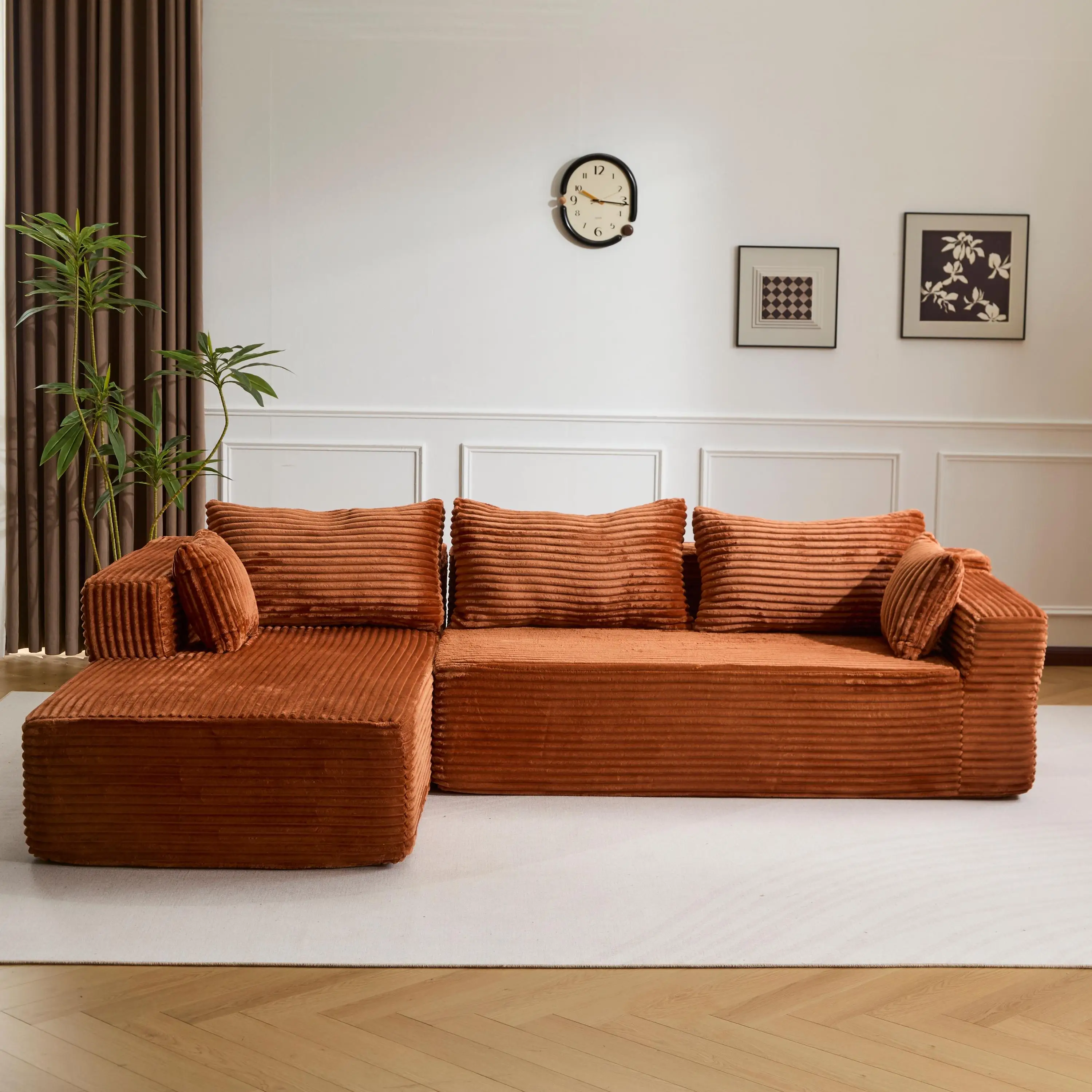Braunes modernes komprimiertes Sofa, 3-Sitzer L-förmiges Sofa mit Kissen, keine Montage erforderlich, tiefes Cord-Sofa für Wohnzimmer, Schlafzimmer