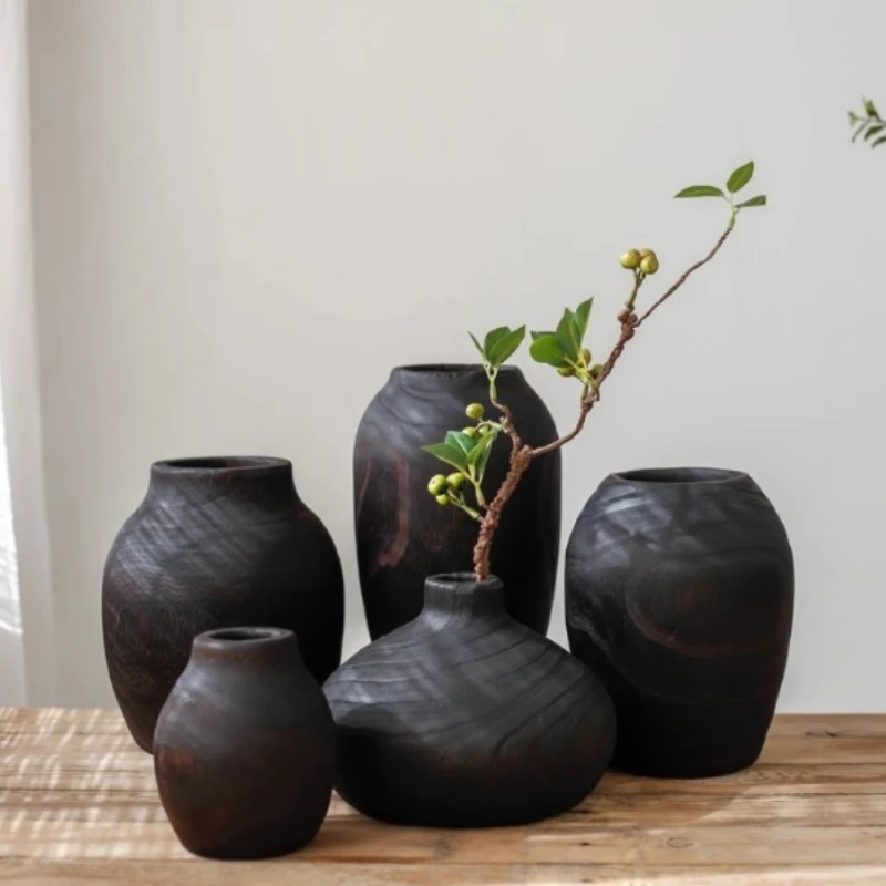 Vase Dekoration Büro Dekoration, Massivholz Schwarz Desktop Dekoration Nordischen Stil Wohnkultur Natürliche Holz Farbe DIY Vase Image