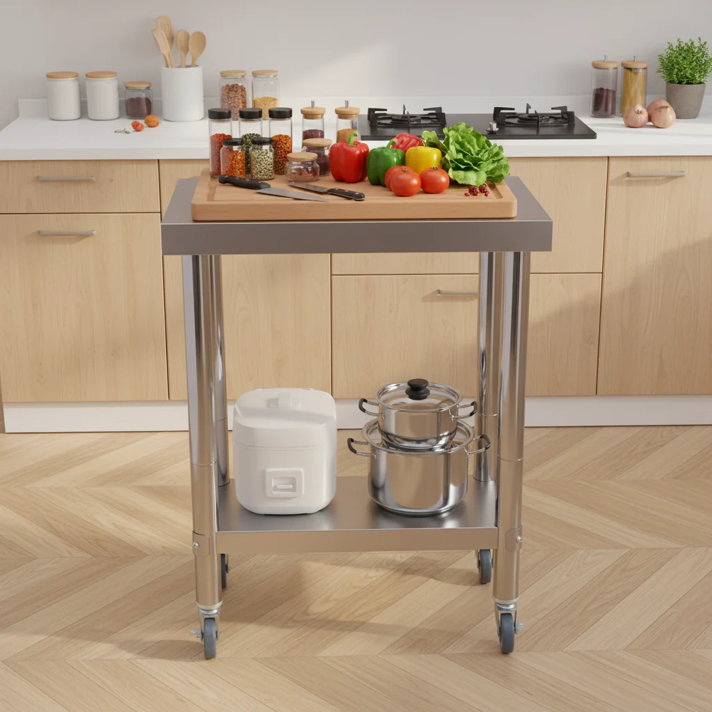 201 travail de cuisine en acier inoxydable 23,62*17,72 pouces Table de travail de cuisine table de travail de préparation des aliments avec 4 roues pour la cuisine d'hôtel de restaurant