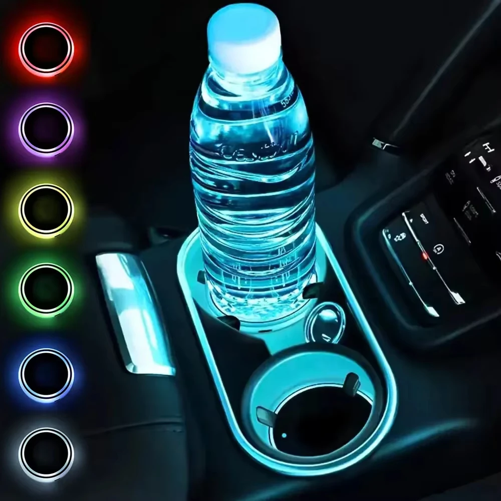 2 stücke LED Tasse Halter Lichter 7 Farben Ändern Licht Auto Heckscheibe Dekorative Licht Leucht Auto Untersetzer Pad Image