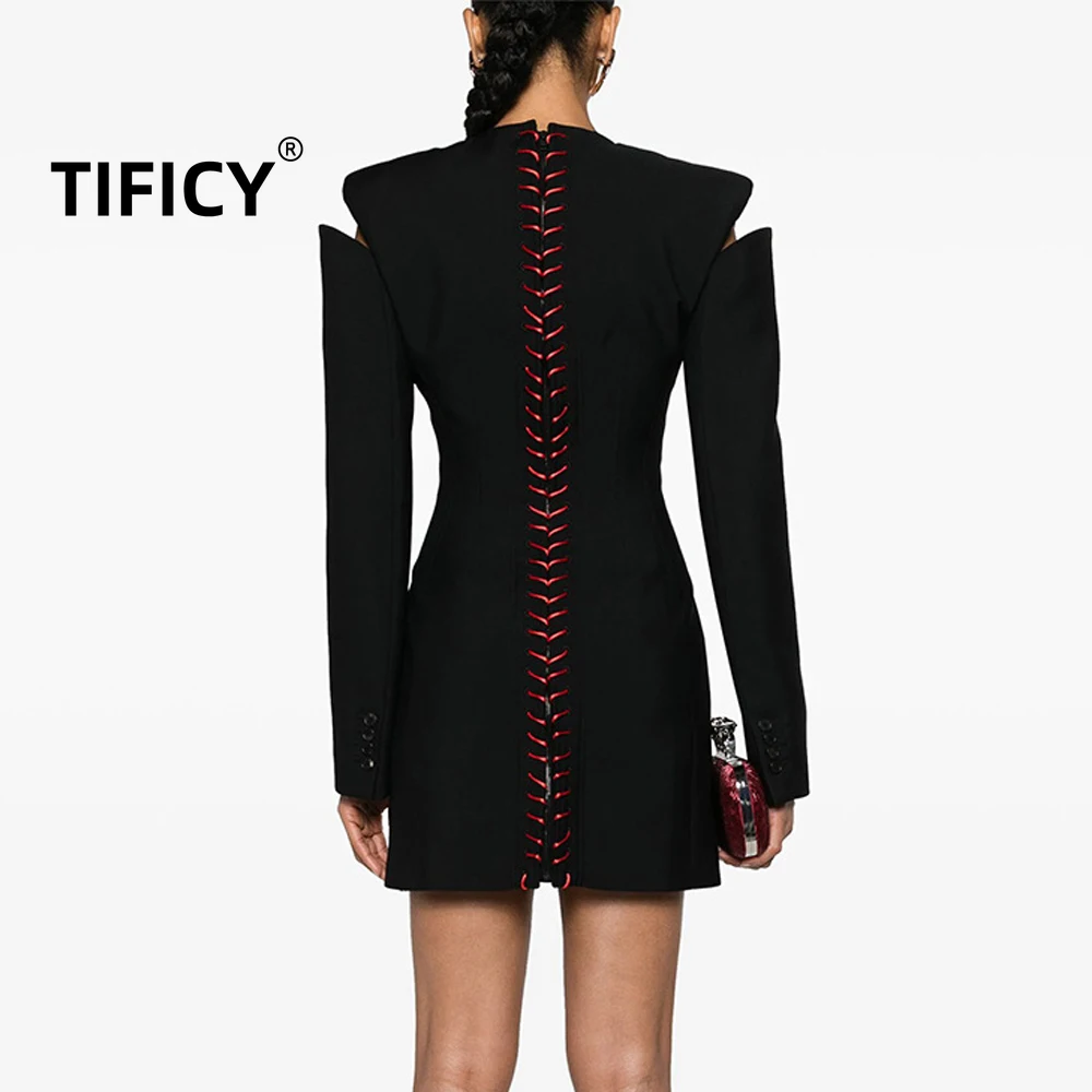 High Street Damen-Kleid, schwarz, langärmelig, ausgehöhlt, handgebunden, Seil, Cinching, Rundhalsausschnitt, Temperament, Taille, Cinching, schmales Kleid