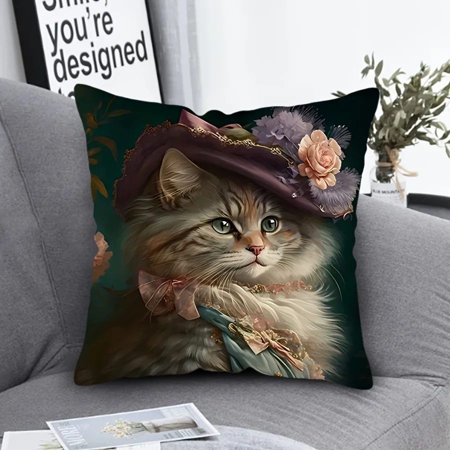 VIKAMA Mid-Century Eleganter Katzen-Dekokissenbezug für Damen, Polyester, für Verschiedene Raumtypen, Wohndekoration Image