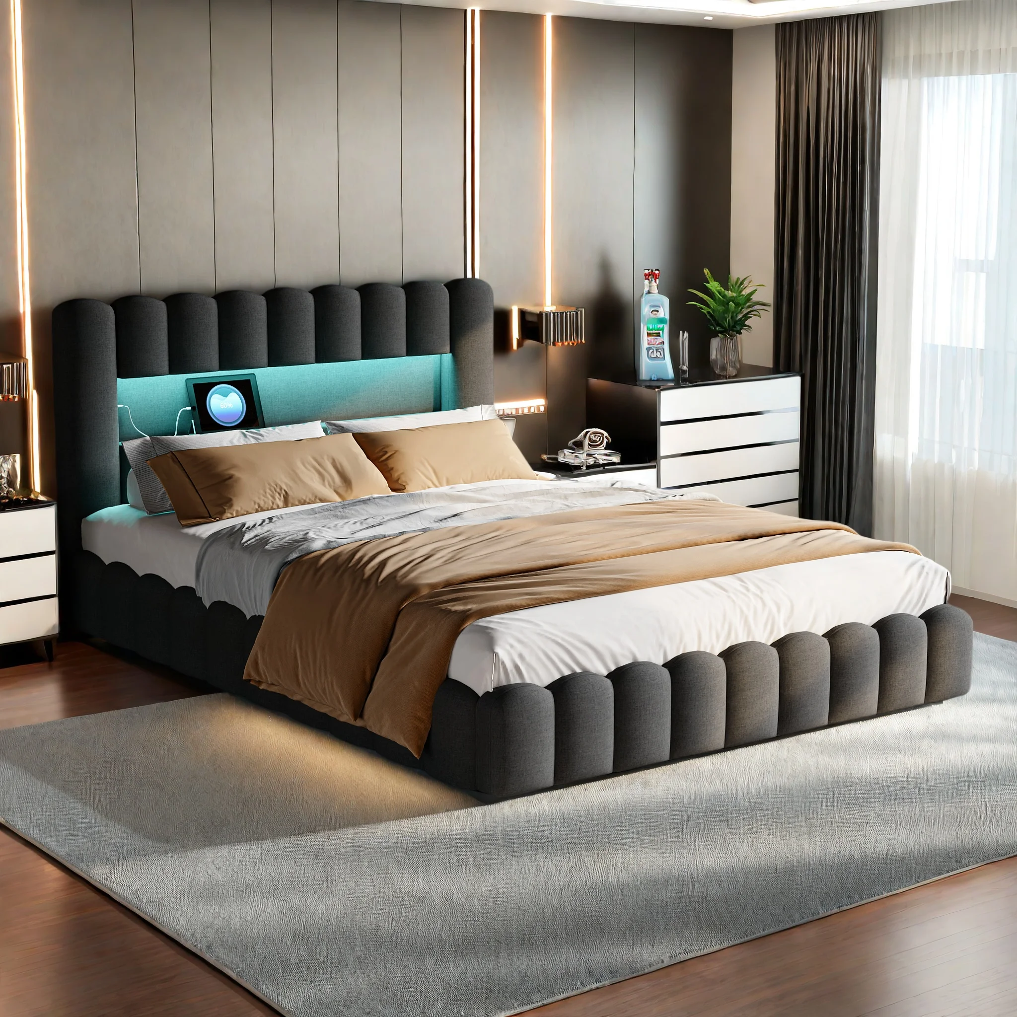 Rosahqnda gepolstertes Doppelbett, hydraulisches Bett mit Bettkasten und Lattenrost, mit LED, Stauraumbett, funktionelles Bett Image