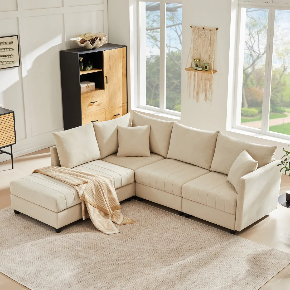 Modernes Modulares Ecksofa, 5-Sitzer L/U-förmiges Sofa mit Konvertierbarem Ottoman, Ideal für Wohnzimmer & Apartment