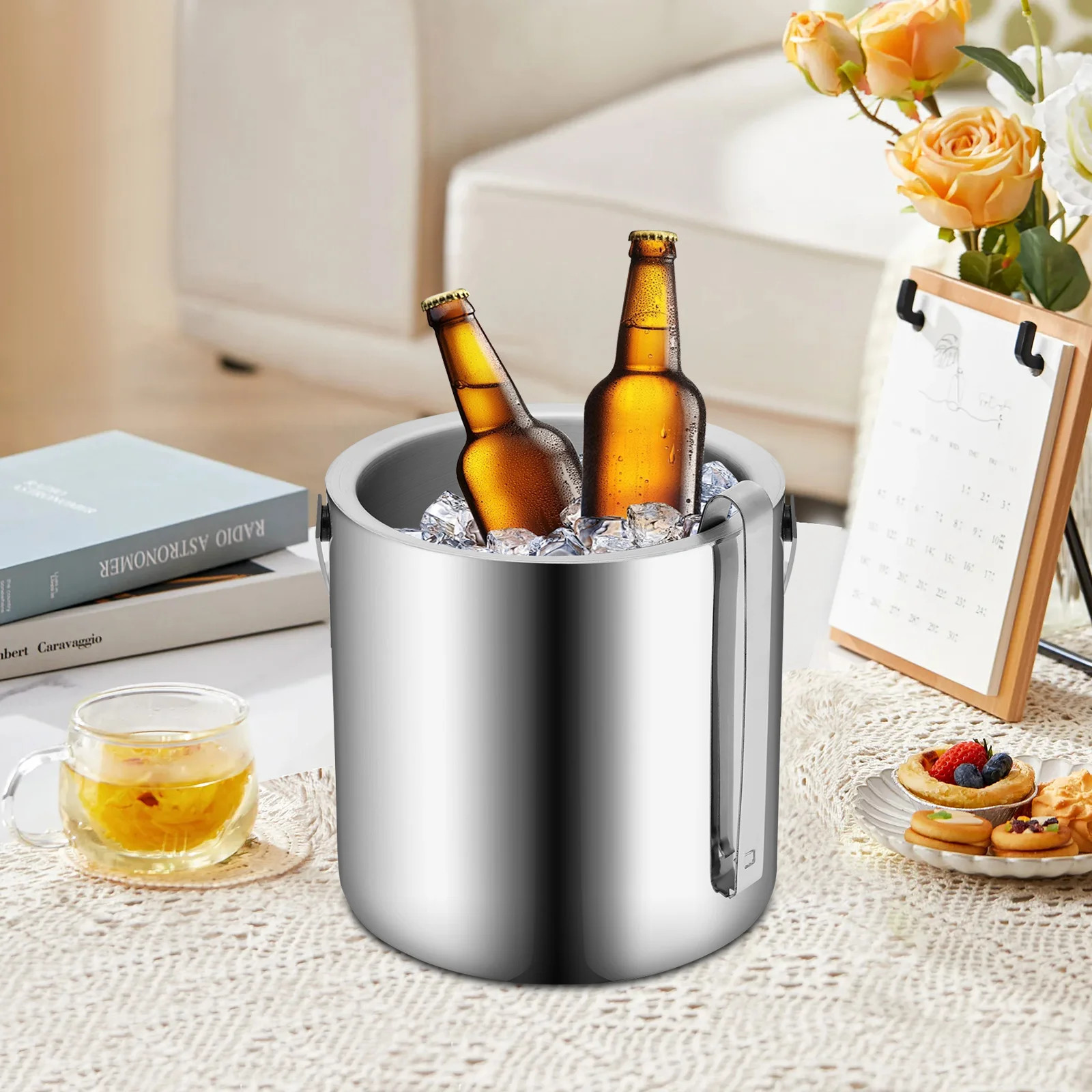 1,3 l tragbares, doppelschichtiges, isoliertes Eiskübel-Set aus Edelstahl, 6 Stunden Kältehaltung, für Grills, Partys, Picknicks, Bars Image