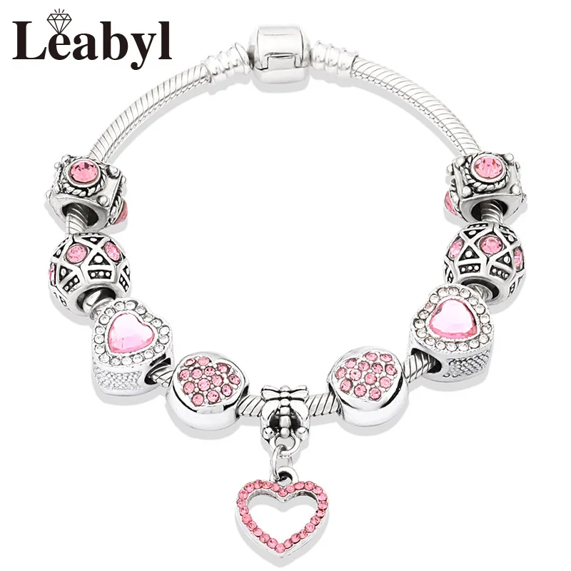 Neue Valentinstag romantische rosa Herz Charme Armband & Armreif feine Kristall DIY Perlen Armband Schmuck für Frauen Mädchen Geschenk Image
