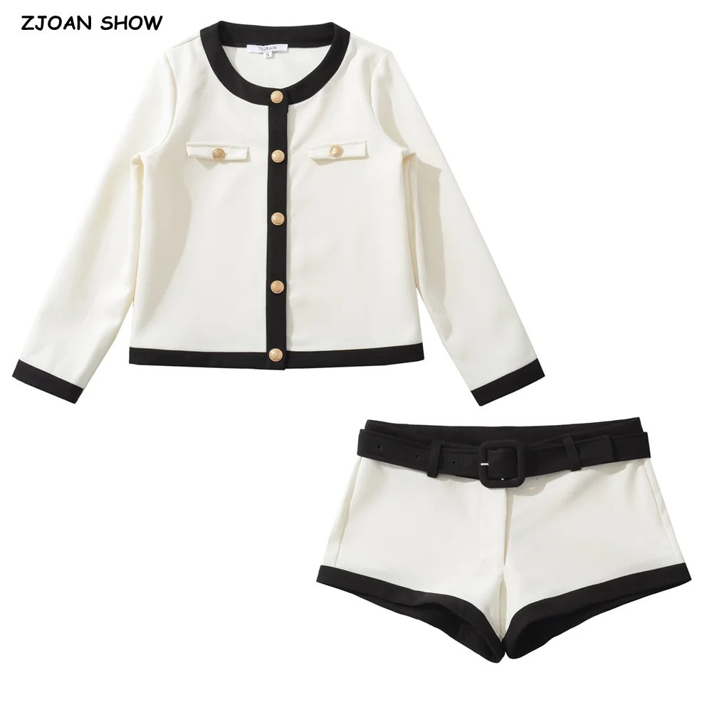 2 Stück 1 Set 2025, französischer Stil, Retro-Kontrastfarbe, O-Ausschnitt, gewebter Tweed-Mantel + mit Gürtel, niedrige Taille, Mini-Shorts, Hosenanzüge Image