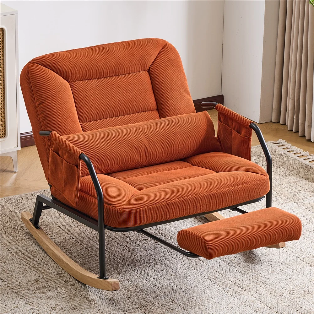 Übergroßer Cord-Sessel mit Fußhocker Gemütlicher Schaukelstuhl mit Seitentaschen Gepolstert für Balkon und Entspannung Image