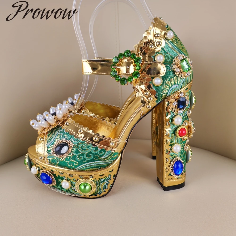 Prowow Strass-Perlen-Sandalen, Plateau, klobiger Absatz, Schnallen-High-Heels, mit Blumen verzierte Satin-Damenschuhe
