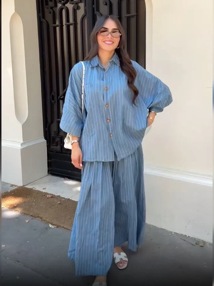Casual Gestreiften Hosen Anzug Frauen Chic Langarm Revers Hals Breite Bein Hose 2 Stück Anzüge 2025 Sommer Dame Daliy Straße Outfits Image