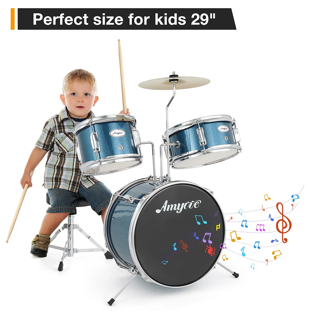 Junior 3-teiliges Schlagzeug-Set für Anfänger, komplettes Kinder-Schlagzeug-Kit mit Hocker, Becken und Pedal, Holz-Metall-Konstruktion zum Üben.