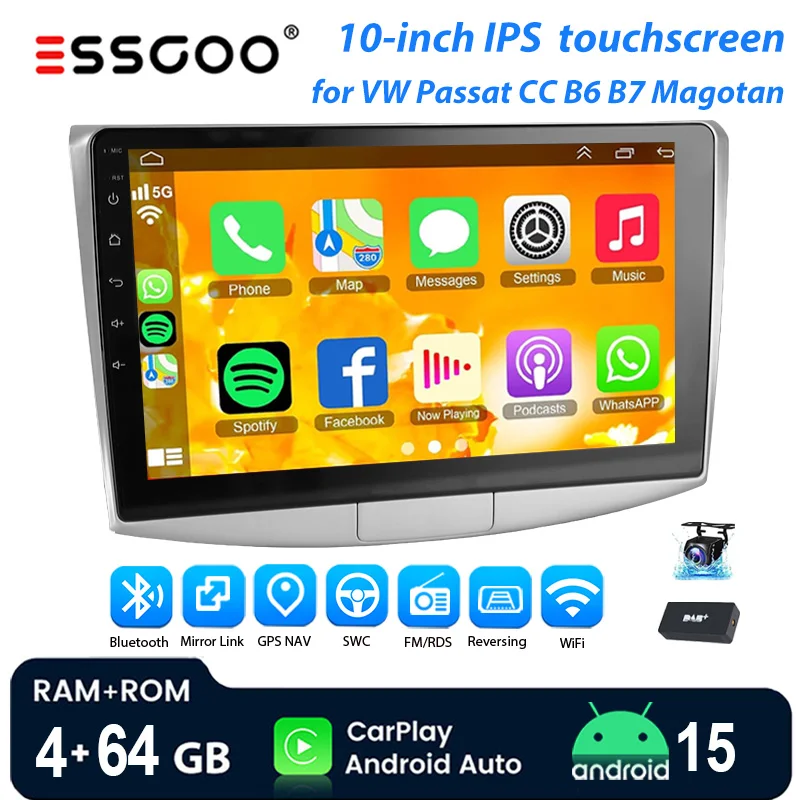 ESSGOO Android 15 Autoradio 10" 4+64 GB Bluetooth Wireless CarPlay Android Auto GPS Navigation RDS WiFi für Volkswagen Passat B6 B7 CC Magotan 2010-2015 IPS Kapazitiver Touchscreen CANbus FM Image