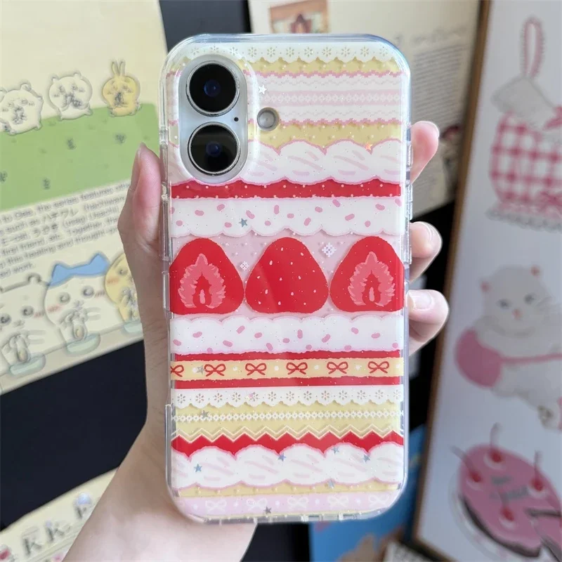 Creme-Erdbeer-Kuchen-Schleifen-Handyhülle für iPhone 17 16 15 14 13 12 11 Pro Max 16e 17 Air X XR XS Max 7 8 Plus Weiche Schutzhülle