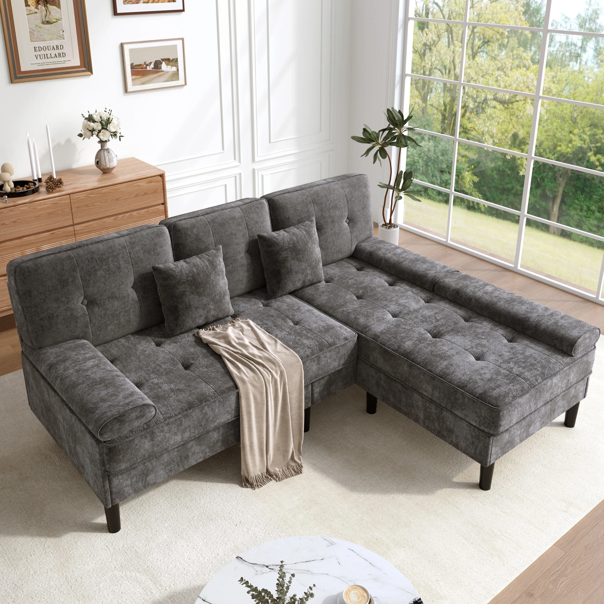 Chenille L-förmiges Ecksofa, dreisitziges multifunktionales Wohnzimmer-Chaiselongue-Sofa mit Schlaffunktion, beweglicher Fußstütze.