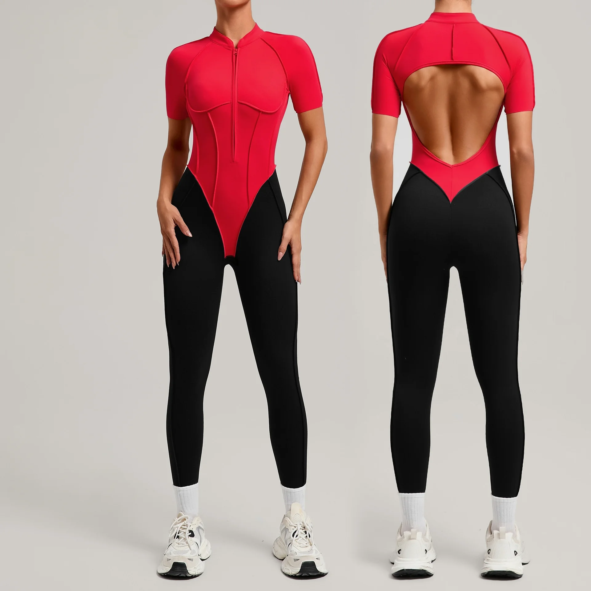 Combinaison de yoga à manches courtes pour femmes, survêtement de sport, combinaison zippée, tenue de sport, entraînement de haute intensité, collants une pièce