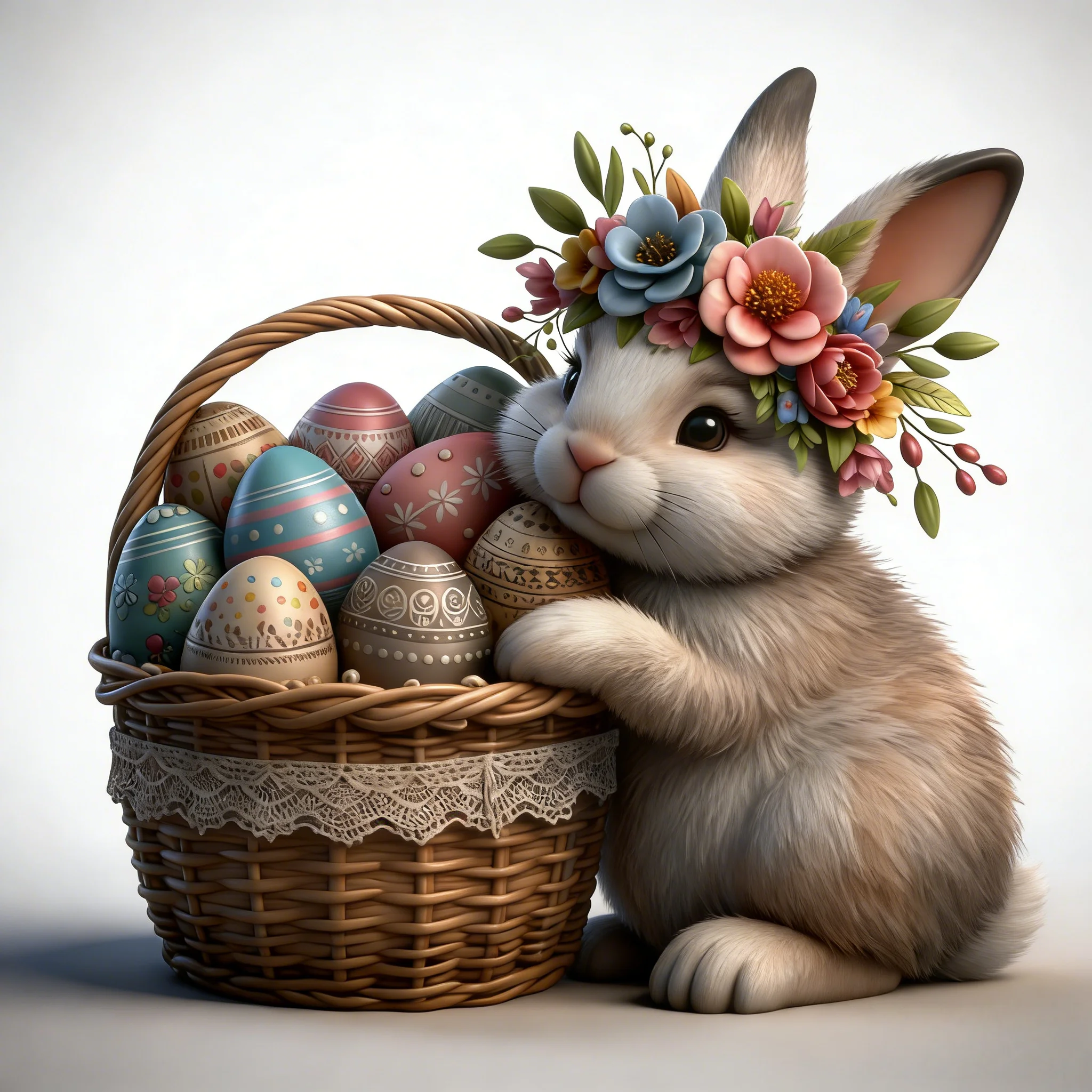 Oster-Essentials: Dessert-Fondant-Schokoladenform | Der süße Hase mit einem Erntekorb und einer fein geschnitzten Blumenumrissvorlage Image