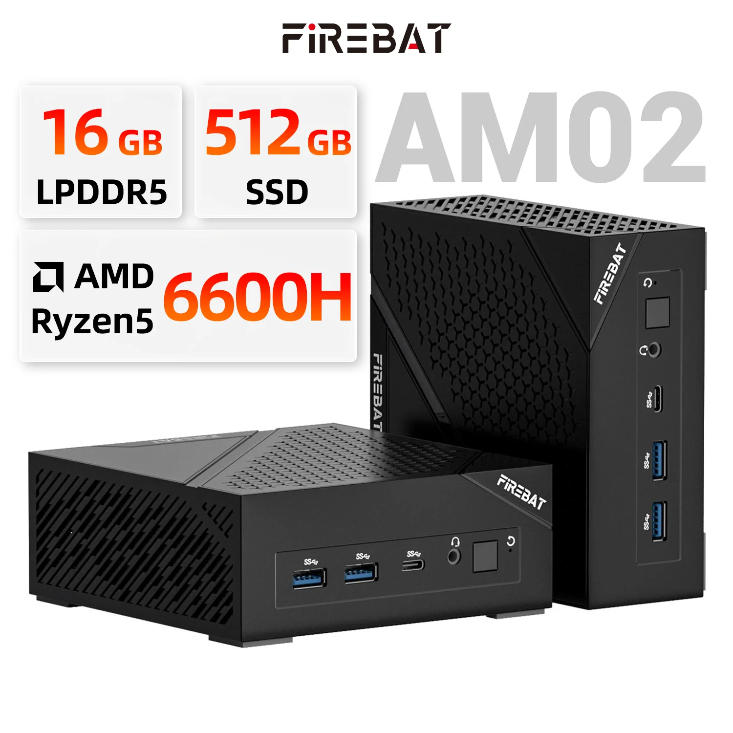 FIREBAT AM02 MINI PC AMD Ryzen 5 6600H LPDDR5 16GB RAM 512GB SSD WIFI6 BT5.2 Dual RJ45 Tragbarer Desktop MINI-PC Computer