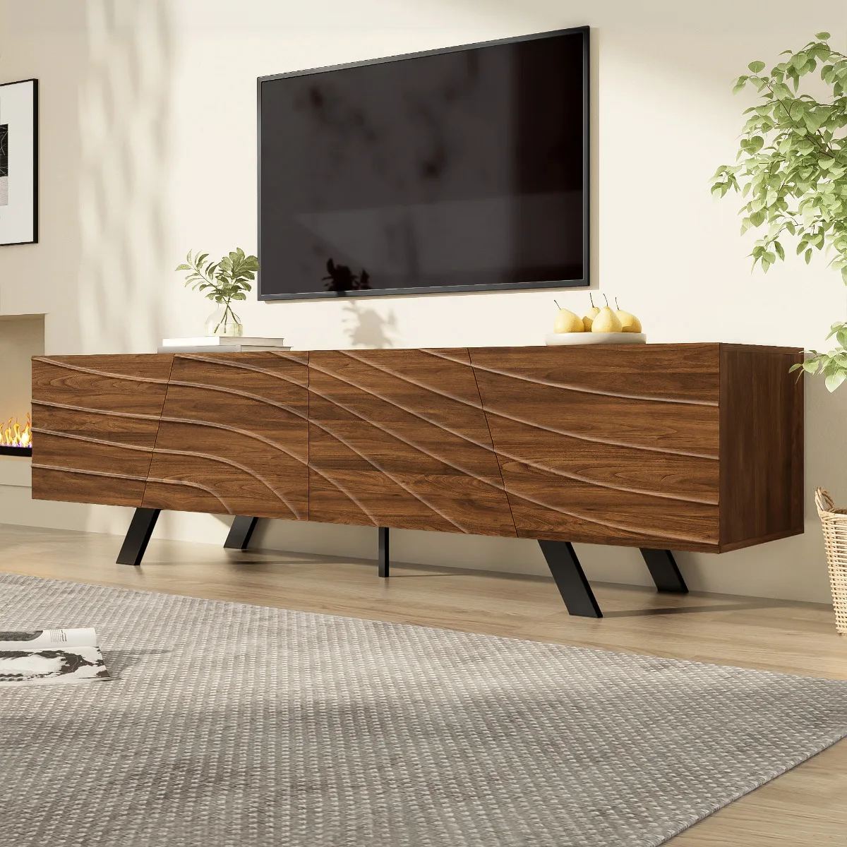 Moderner TV-Schrank mit wellenförmiger Vorderseite, Kabelmanagement und Regal – TV-Möbel für Wohnzimmer, Flur (160 x 39 x 50,5 cm) Image