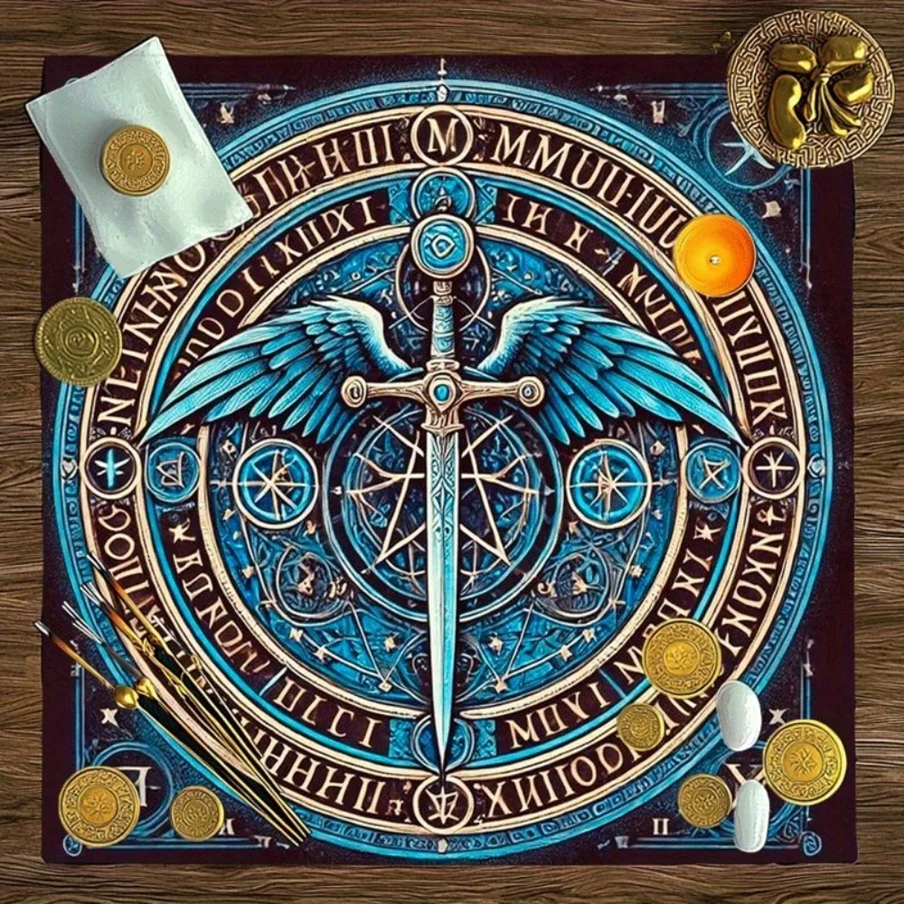 Tarot-Tischdecke in Verschiedenen Größen Bedrucktes Mystisches Runen-Flügelschwert Altartuch aus Polyester Wahrsagerei-Unterlage für Zukunftsdeutung Partyspiel Image