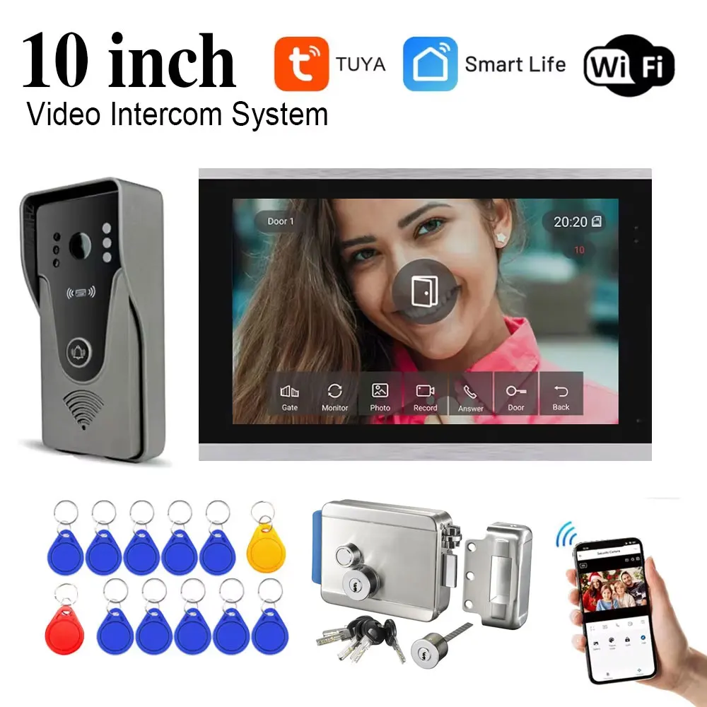 4-Draht 1080P 10 Zoll Touchscreen WLAN Video-Türklingel Smart Tuya Home Video-Türsprechanlage RFID-Zugangskontrolle mit Schloss-Kit Image