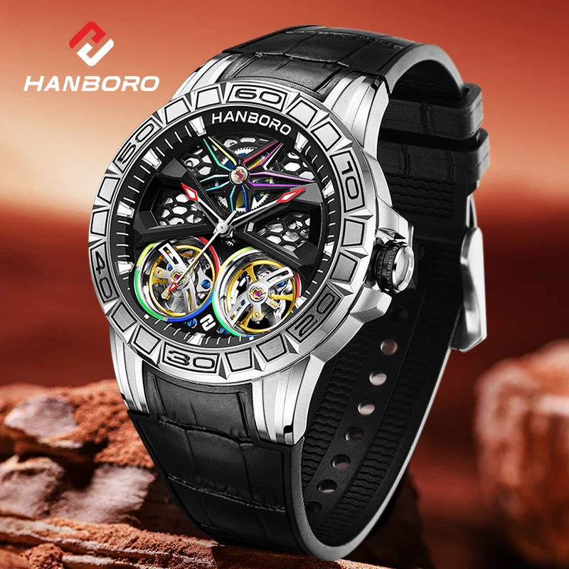 HANBORO Double Turbine Serie Herren Automatik Skelett Mechanische Uhr, Trendige Nachtlicht Wasserdichte Armbanduhr 851-1 Image