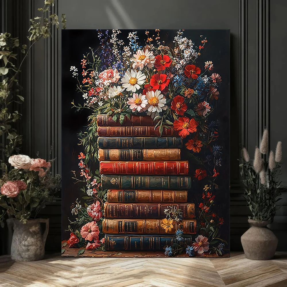Vintage-Stapel von Büchern, Blumen, Bookish-Poster und Drucke, Leinwandgemälde, Wandkunst, Bild für Wohnzimmer, Heimdekoration, Geschenk Image