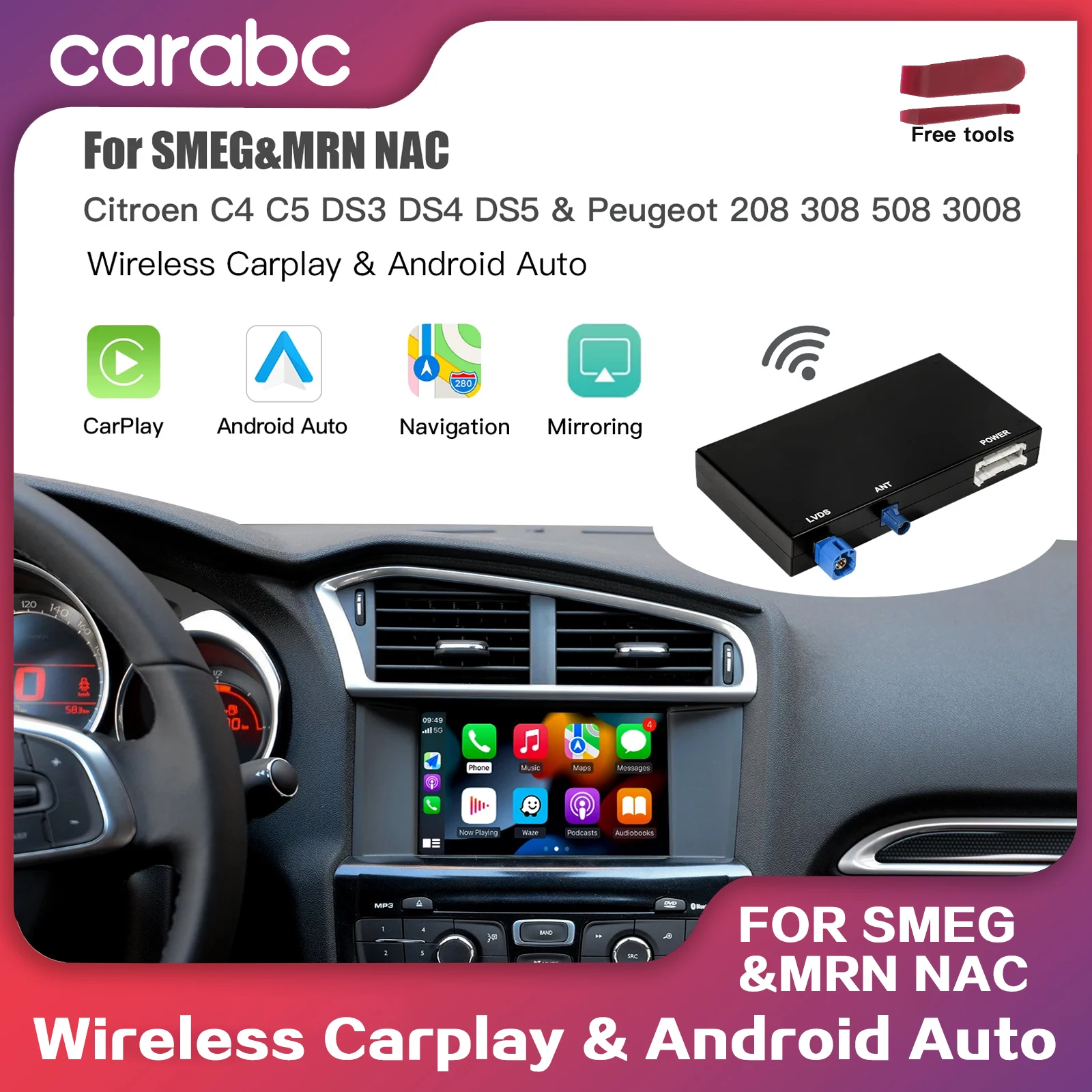 CARABC Drahtlose Carplay-Box für Peugeot Citroen SMEG SMEG+ Picasso C4 C5 DS4 DS3 308 508 208 3008 Android Auto AirPlay Modul Image