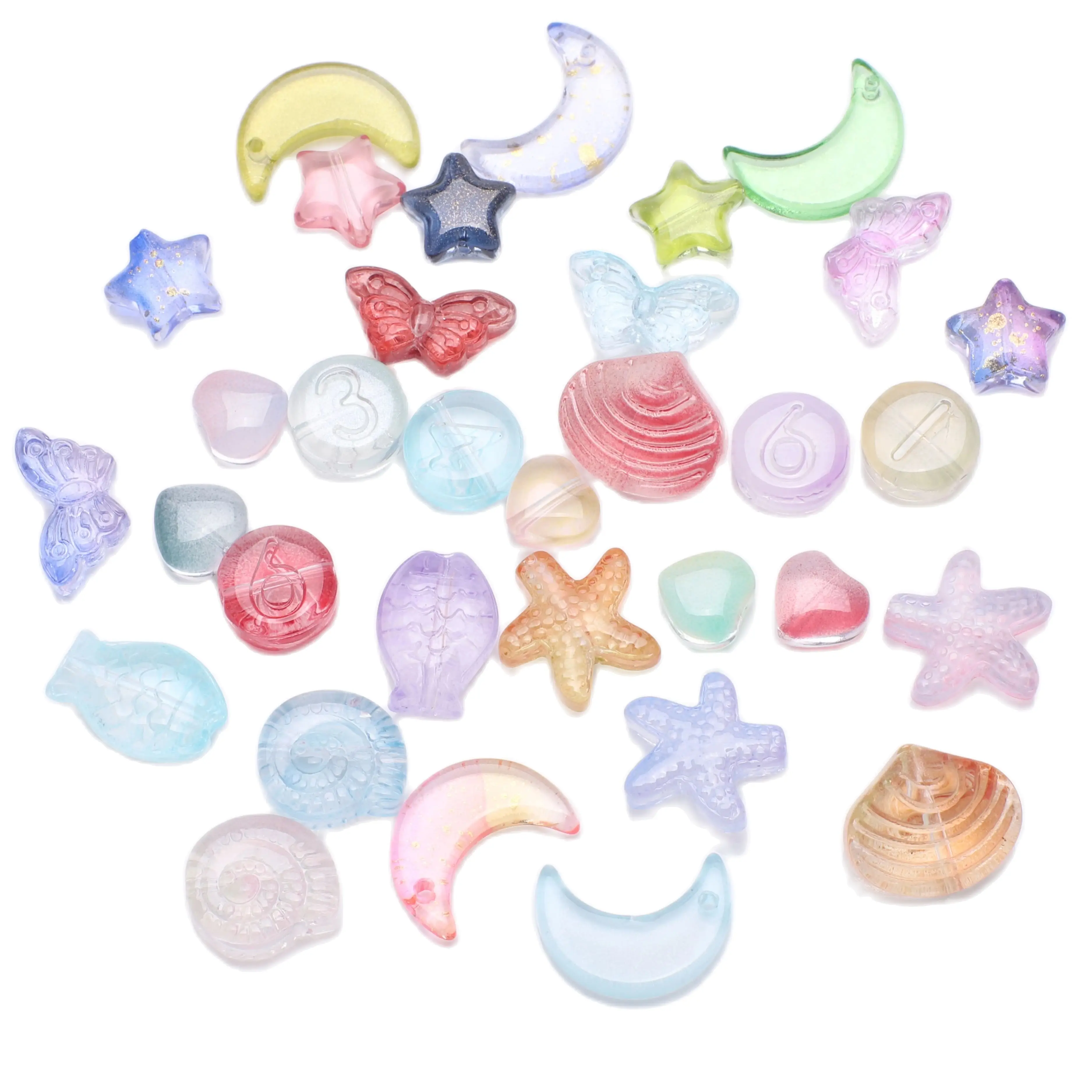 Zufällige gemischte lose Glasanhänger Mond/Stern/Herz/Seestern/Fisch/Muschel/Kreuz/Schmetterling/Schnecke/kleiner Fisch/Zahlenperlen/Kürbis Image