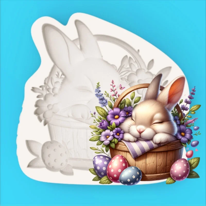 Kreative Formen für ruhige Momente: Silikonform in Form eines schlafenden Hasen in einem Korb, Form zur Herstellung von Fondant-Schokolade. Image