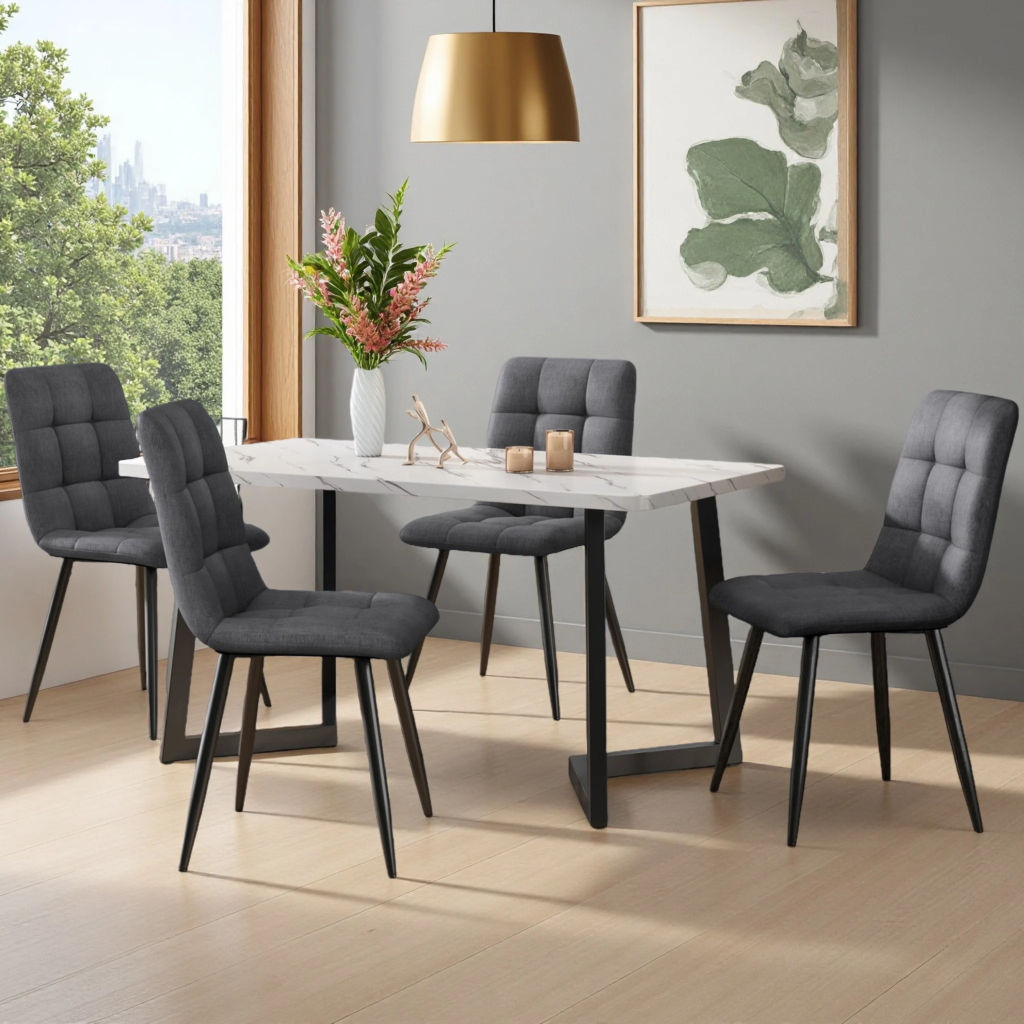 46x44x86cm Esszimmerstuhl, 4er-Set, gepolsterter Stuhl, Loungesessel, mit Rückenlehne, Metallbein, Küchenstuhl, Leinen, dunkelgrau