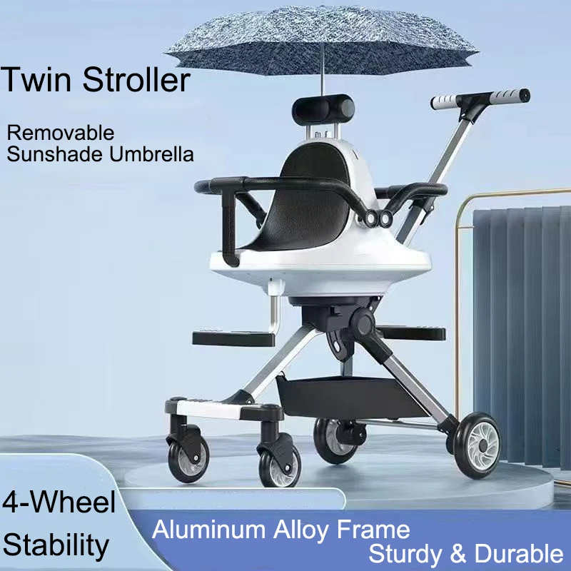 Leichter Doppel-Kinderwagen mit Baldachin für Säuglinge und Kleinkinder, Reise-Kinderwagen mit zwei Regenschirmen, kompakt, einfach zusammenklappbarer Aluminiumrahmen Image