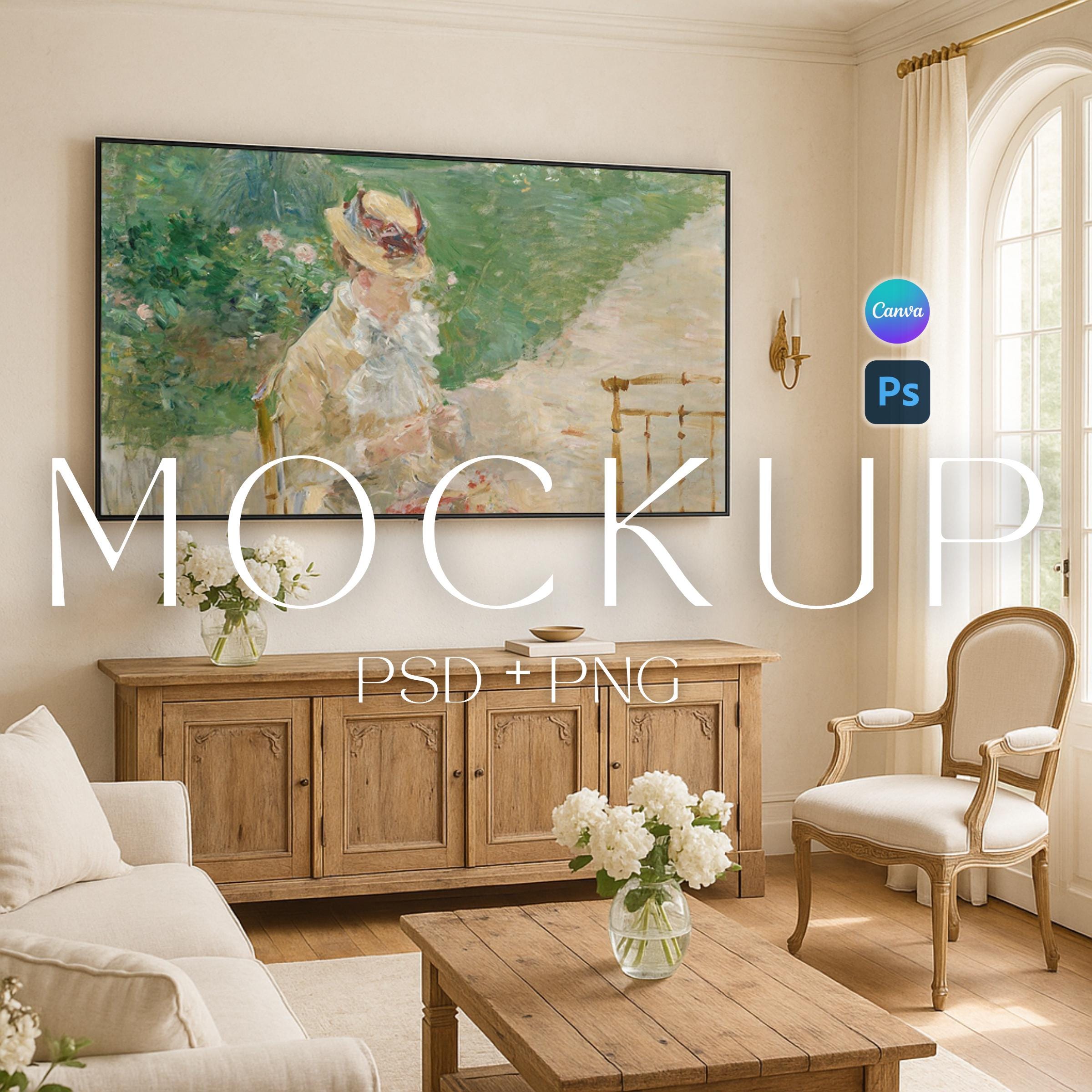 Elegante cornice TV Mockup Mockup Cornice Canva Modello Photoshop PSD Oggetto intelligente Mockup Cornice TV Arte Soggiorno rustico